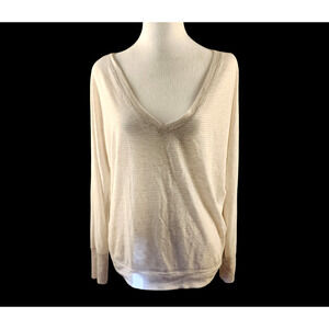 American Eagle Top Cream with Silver Long-Sleeve V-Neck Women's Large